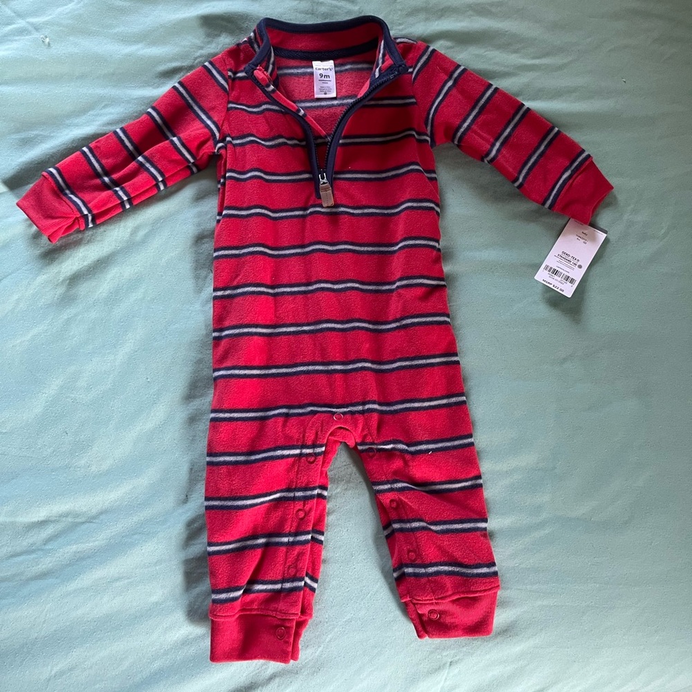 Carter's Baby Red & Blue Striped Fleece Jumpsuit Sz 9 mos. NWT